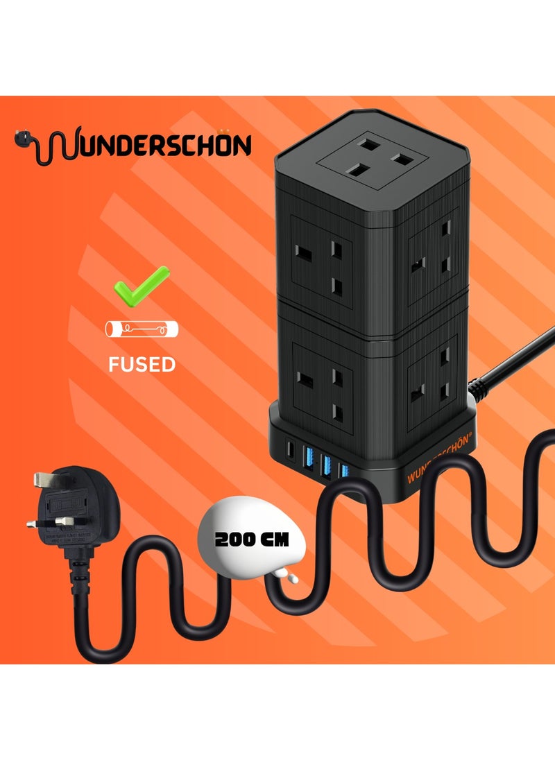 WUNDERSCHÖN - WUNEDRSCHÖN | Cube Power Strip _9 UK Outlets and Plug _ Power Extension 200 CM Cable Length _ Charging Ports 3 USB Type A - 1 USB Type C _ Fire Resistant _ Surge Protection (2 Layers, Black) - Image 1