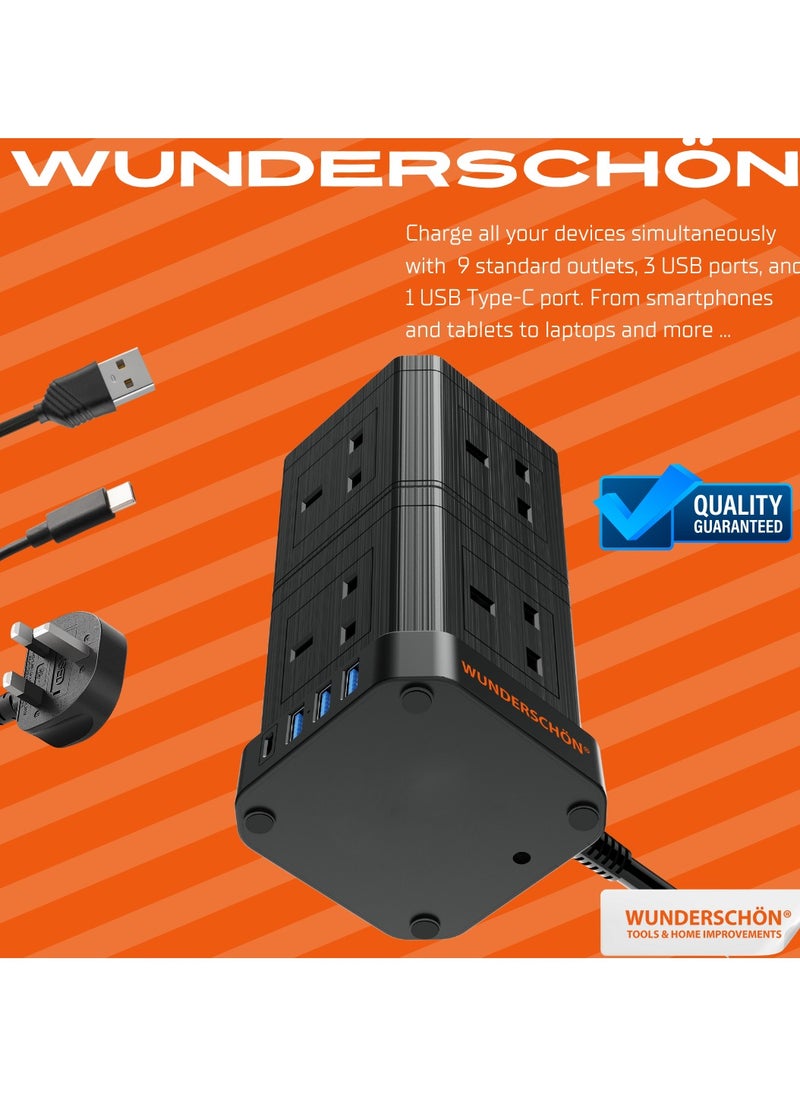 WUNDERSCHÖN - WUNEDRSCHÖN | Cube Power Strip _9 UK Outlets and Plug _ Power Extension 200 CM Cable Length _ Charging Ports 3 USB Type A - 1 USB Type C _ Fire Resistant _ Surge Protection (2 Layers, Black) - Image 1