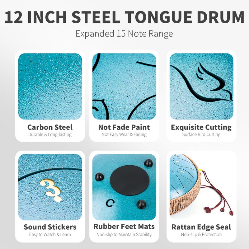 natraldrum Steel Tongue Drum, 12 Inch 15 Note Tongue Drums, Handpan Drums Percussion Instrument for Kids & Adults, Hand Pan Drum with Music Book, Drum Mallets and Carry Bag, Major C (Malachite Green) - Image 2