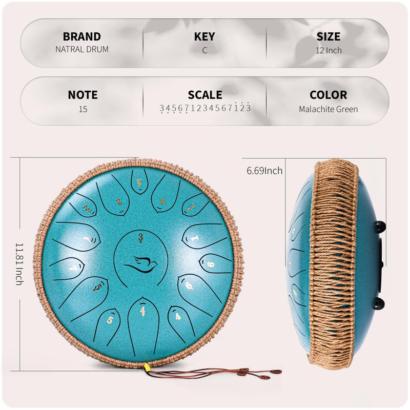 natraldrum Steel Tongue Drum, 12 Inch 15 Note Tongue Drums, Handpan Drums Percussion Instrument for Kids & Adults, Hand Pan Drum with Music Book, Drum Mallets and Carry Bag, Major C (Malachite Green) - Image 4