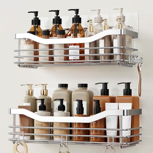Orimade Shower Caddy Basket Shelf with 5 Hooks Adhesive Organizer Storage Rack Rustproof Wall Mounted Stainless Steel No Drilling for Bathroom, Toilet, Kitchen - 2 Pack - Image 1