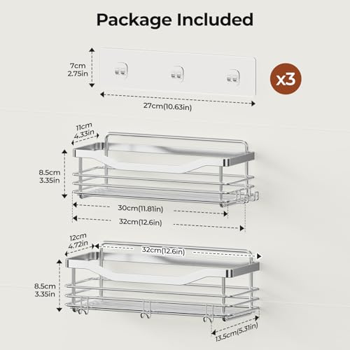 Orimade Shower Caddy Basket Shelf with 5 Hooks Adhesive Organizer Storage Rack Rustproof Wall Mounted Stainless Steel No Drilling for Bathroom, Toilet, Kitchen - 2 Pack - Image 3