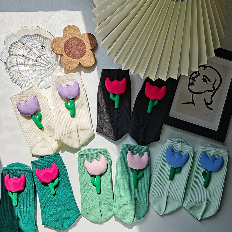 Dongdaemun Ins Style Three-Dimensional Flower Socks for Women, Spring and Summer Trendy Socks, Handmade Tulip Flower Language Socks Wholesale - Image 2