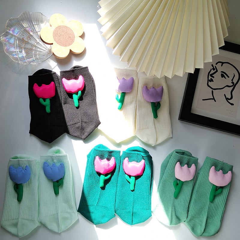 Dongdaemun Ins Style Three-Dimensional Flower Socks for Women, Spring and Summer Trendy Socks, Handmade Tulip Flower Language Socks Wholesale - Image 3