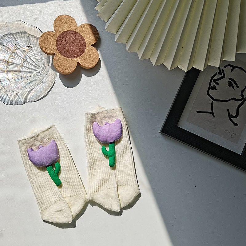 Dongdaemun Ins Style Three-Dimensional Flower Socks for Women, Spring and Summer Trendy Socks, Handmade Tulip Flower Language Socks Wholesale - Image 4