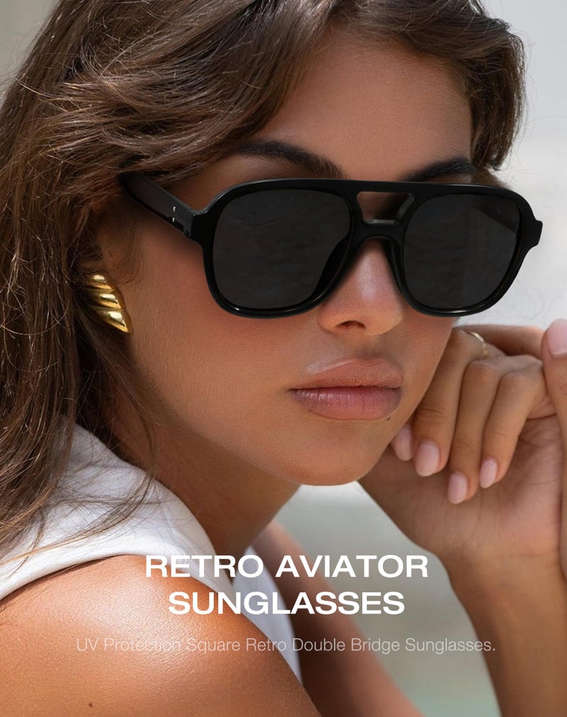 Fozono Retro Oversized Aviator Sunglasses Women Trendy Vintage Square Large Tangle Free Aviators Double Bridge Sun Glasses Black Frame/Gray Lens - Image 2