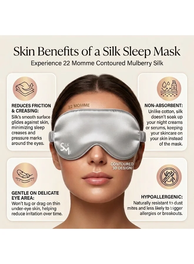 Silk Me  Silk Me 100% Pure Mulberry Silk Sleep Mask - Eye Mask for Women/Man with stretchable band - Blackout Sleep Mask - 3D shape for added comfort (Silver Grey)  | Best Price UAE