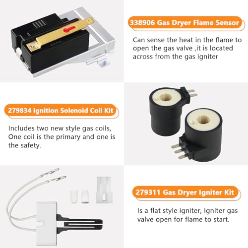 Blutoget Gas Dryer Repair Kit WP338906 338906 Gas Dryer Flame Sensor 279311 Igniter 279834 Gas Valve Solenoid Coils Kit by Blutoget- Fit for Whirlpool Ken-More Dryers- Replaces WP338906 AP3094251 PS334310 - Image 2