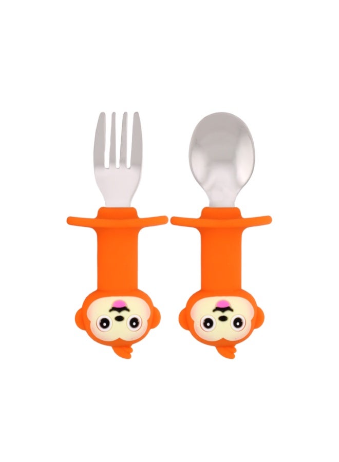 Brain Giggles Short Handle Stainless Steel Baby Training Fork & Spoon Set - Monkey - Image 1