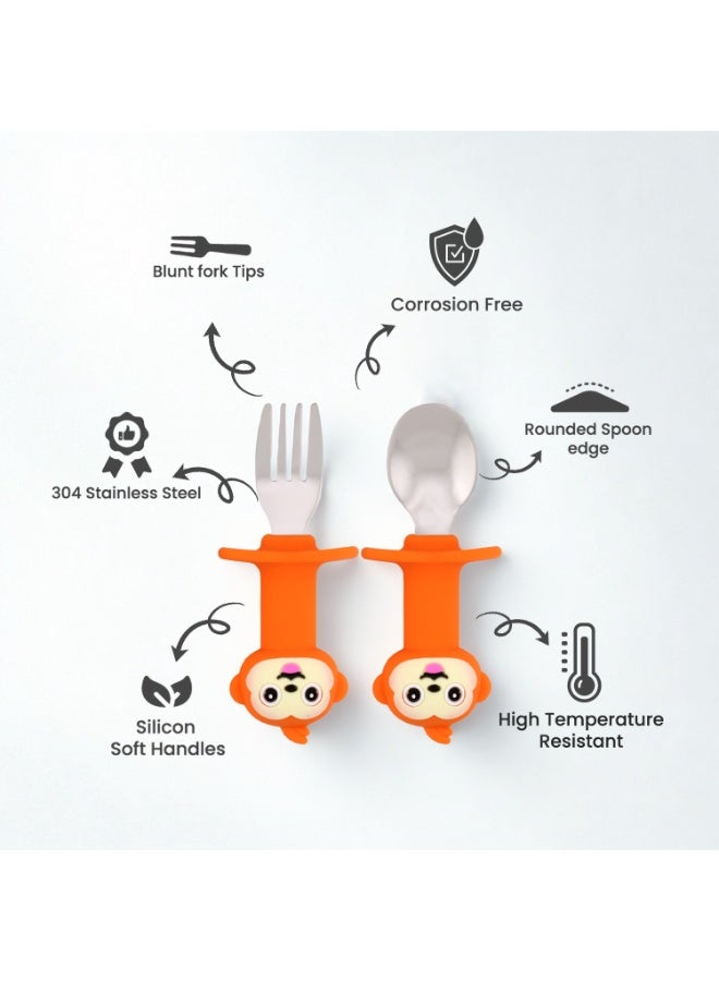 Brain Giggles Short Handle Stainless Steel Baby Training Fork & Spoon Set - Monkey - Image 2
