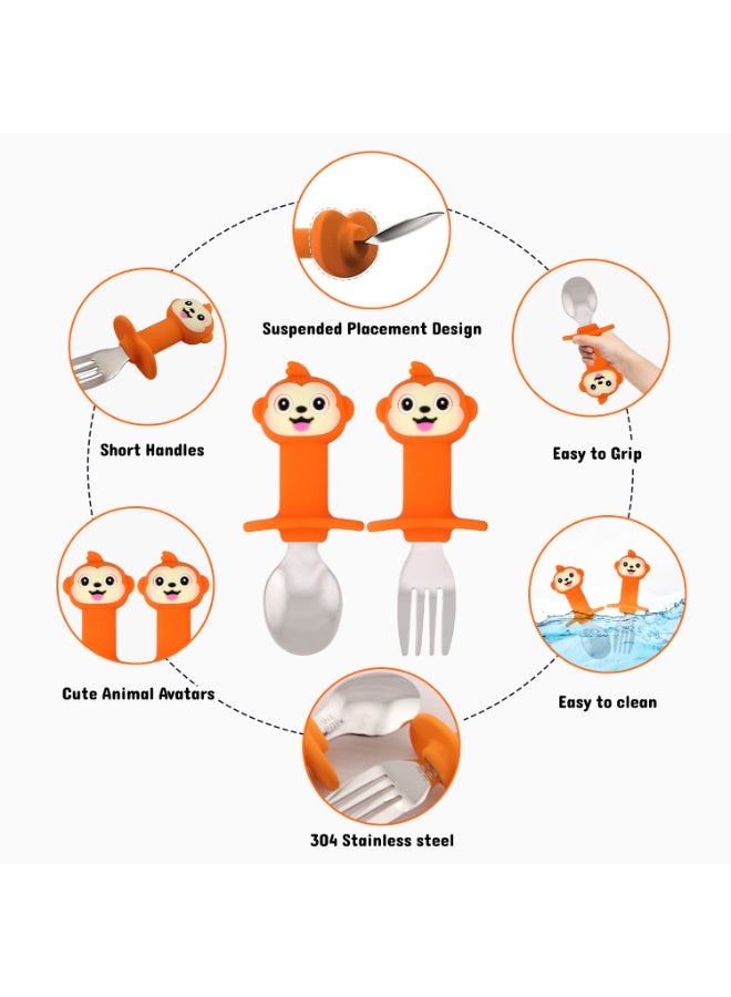 Brain Giggles Short Handle Stainless Steel Baby Training Fork & Spoon Set - Monkey - Image 3