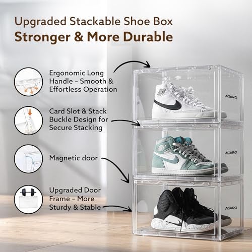 AGARO Stackable Shoe Storage Box Organizer | Heavy Duty, Transparent, Plastic Sneaker Crates Container with Magnetic Door |Space Saving|Organizer for Men & Women| Fits up to Size UK 12 | Pack of 6 - Image 4