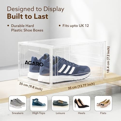 AGARO Stackable Shoe Storage Box Organizer | Heavy Duty, Transparent, Plastic Sneaker Crates Container with Magnetic Door |Space Saving|Organizer for Men & Women| Fits up to Size UK 12 | Pack of 6 - Image 2