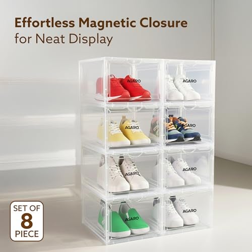 AGARO Stackable Shoe Storage Box Organizer | Heavy Duty, Transparent, Plastic Sneaker Crates Container with Magnetic Door |Space Saving|Organizer for Men & Women| Fits up to Size UK 12 | Pack of 6 - Image 3