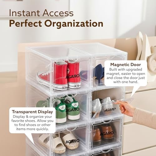 AGARO Stackable Shoe Storage Box Organizer | Heavy Duty, Transparent, Plastic Sneaker Crates Container with Magnetic Door |Space Saving|Organizer for Men & Women| Fits up to Size UK 12 | Pack of 6 - Image 5