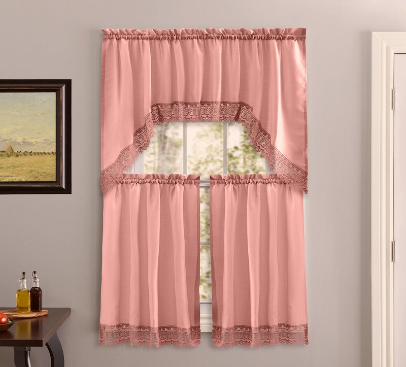 American Linen American Linen Caf Curtains for Kitchen Bathroom Curtains with Valance Embroidered lace Border Blush