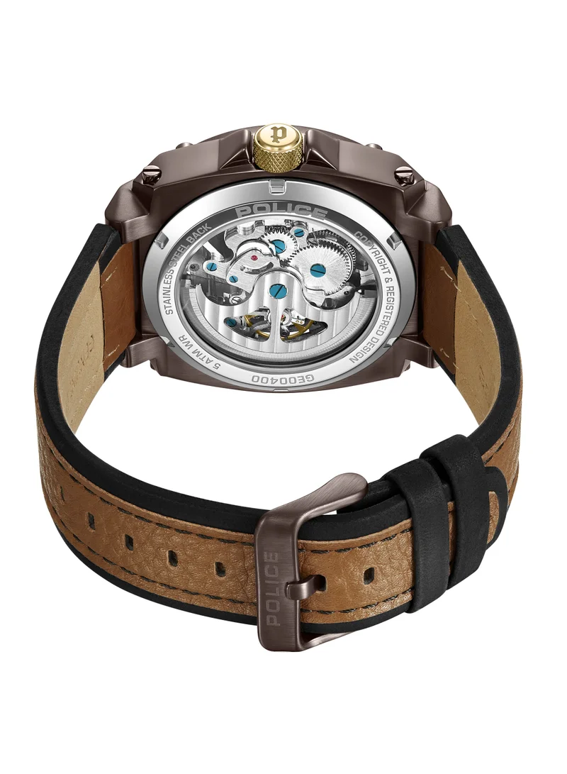 POLICE Norwood Men's Automatic Watch with Brown Dial & Genuine Leather Strap, 45x51.5mm