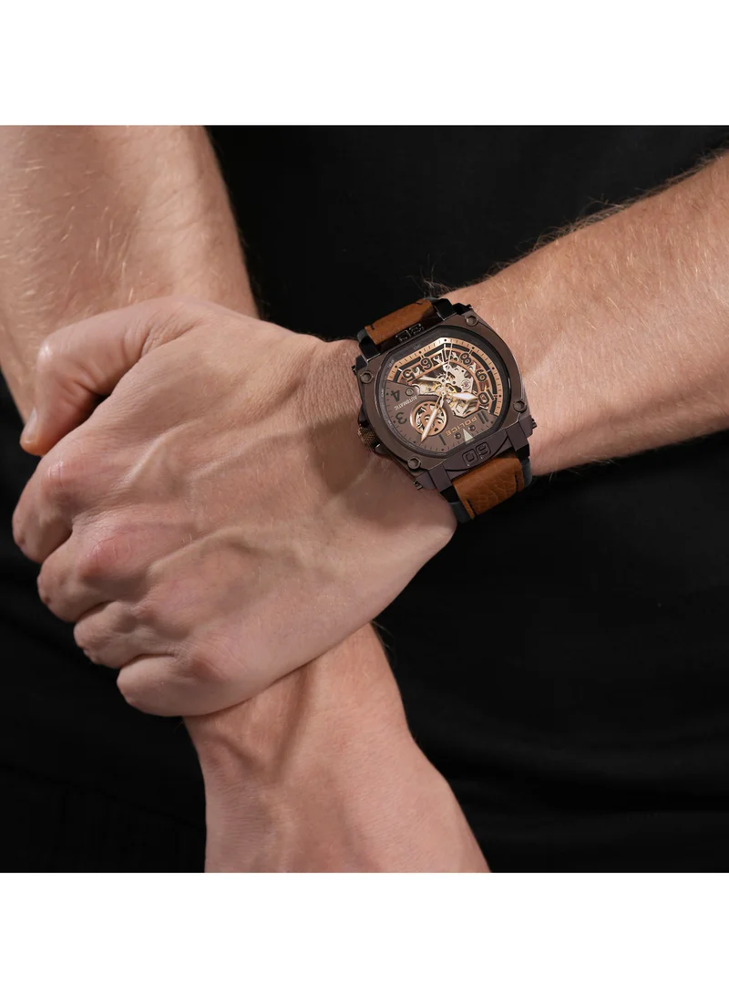 POLICE Norwood Men's Automatic Watch with Brown Dial & Genuine Leather Strap, 45x51.5mm