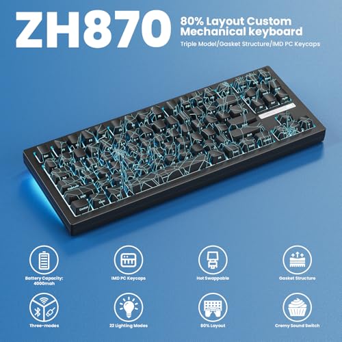ZORNHER ZH870 Wireless Gaming Mechanical Keyboard,80% Black Custom Creamy Sound Keyboard with Spider Web IMD PC Keycaps,Creamy Sounding Linear Switches,Hot-Swappable,RGB Backlit,2.4GHz/USB-C/BT5.0 - Image 2