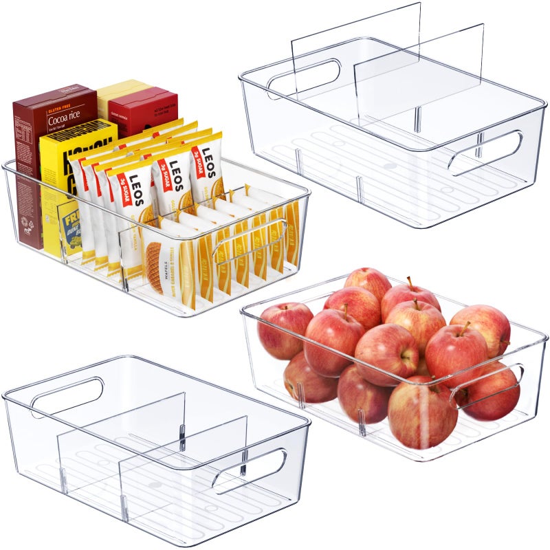 Mpotmiy Clear Pantry Organizer and Storage Bins,4 Pack Plastic Containers with Handles and Removable Dividers - Suitable for Cabinet,Fridge,Kitchen,Bathroom,Pantry Organization - Image 1