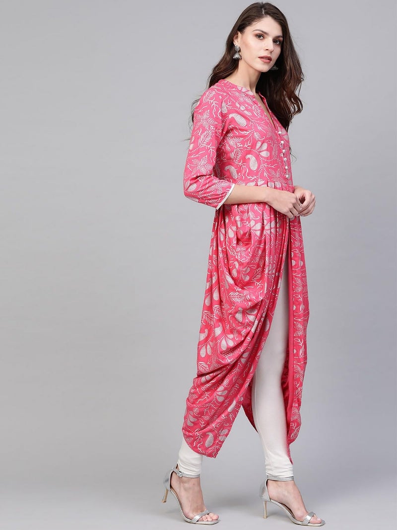 Pannkh Women's Foil Printed Cowl Kurta Pink - Image 3