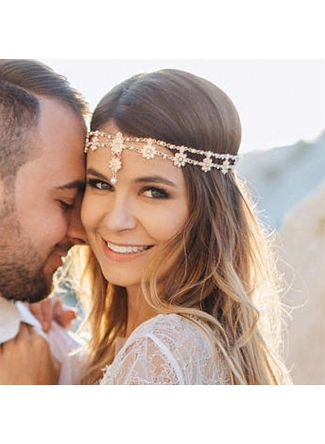 Unsutuo Hair Jewelry Head Chain Wedding Bohemian Floral Headband Elastic for Women and Girls… (Gold) - Image 2