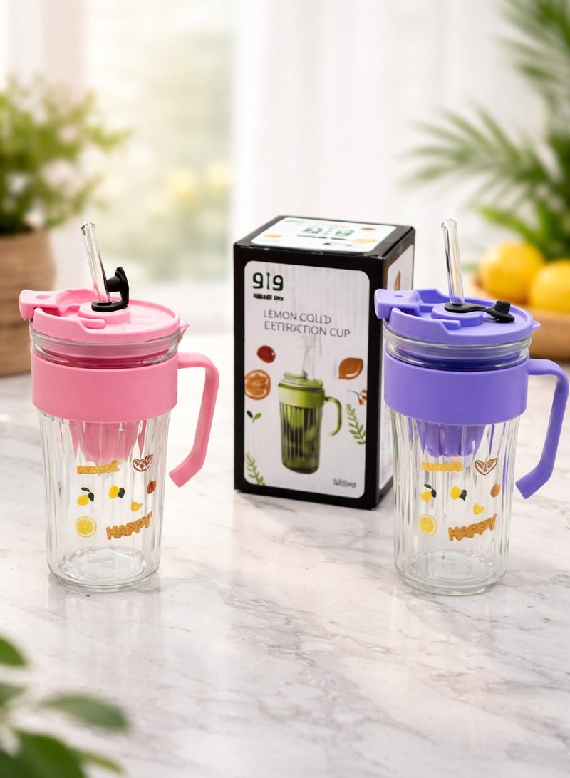 WAW Lemon Cold Extraction Cup – 580 ml Glass Water Bottle with Handle and Straw, Leak Proof, Classic Style, Portable Drinking Cup for Office, Gym, Travel & Home Use - Image 1