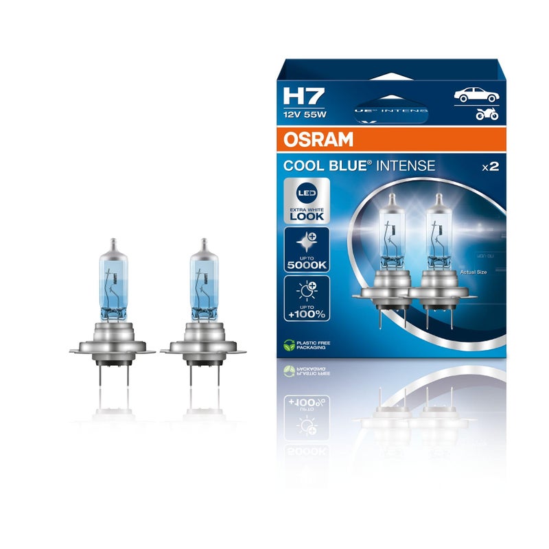 OSRAM COOL BLUE INTENSE H7, +100% more brightness, up to 5,000K, halogen headlight lamp, LED look, duo box (2 lamps), 64210CBN-HCB - Image 1
