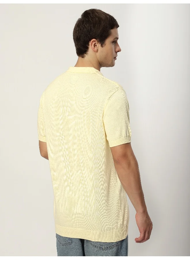 بيونغ Daffodil Yellow Cord Striped Flat Knit Polo T-Shirt for Men