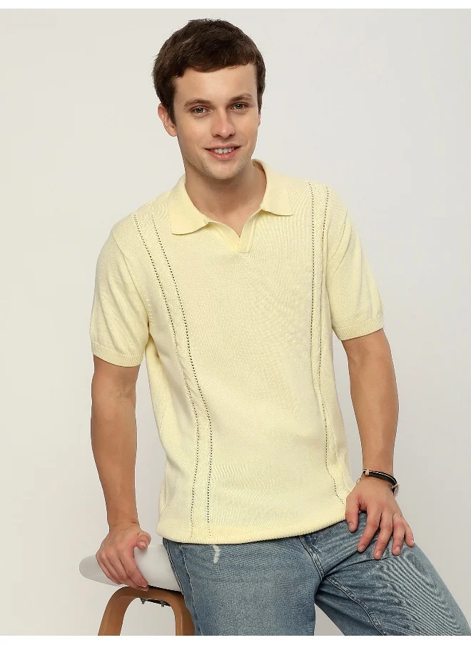 بيونغ Daffodil Yellow Cord Striped Flat Knit Polo T-Shirt for Men