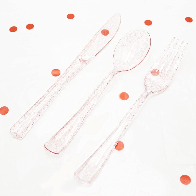hapray 180PCS Rose Gold Plastic Silverware Set  Disposable Glitter Gold Cutlery  Flatware Set  60 Gold Forks  60 Gold Spoons  60 Gold Knives  Valentine's day Fancy Party Utensils - Image 3