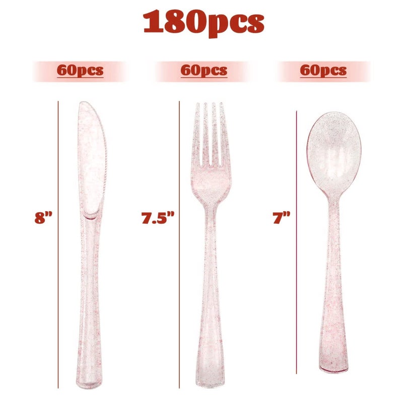 hapray 180PCS Rose Gold Plastic Silverware Set  Disposable Glitter Gold Cutlery  Flatware Set  60 Gold Forks  60 Gold Spoons  60 Gold Knives  Valentine's day Fancy Party Utensils - Image 2
