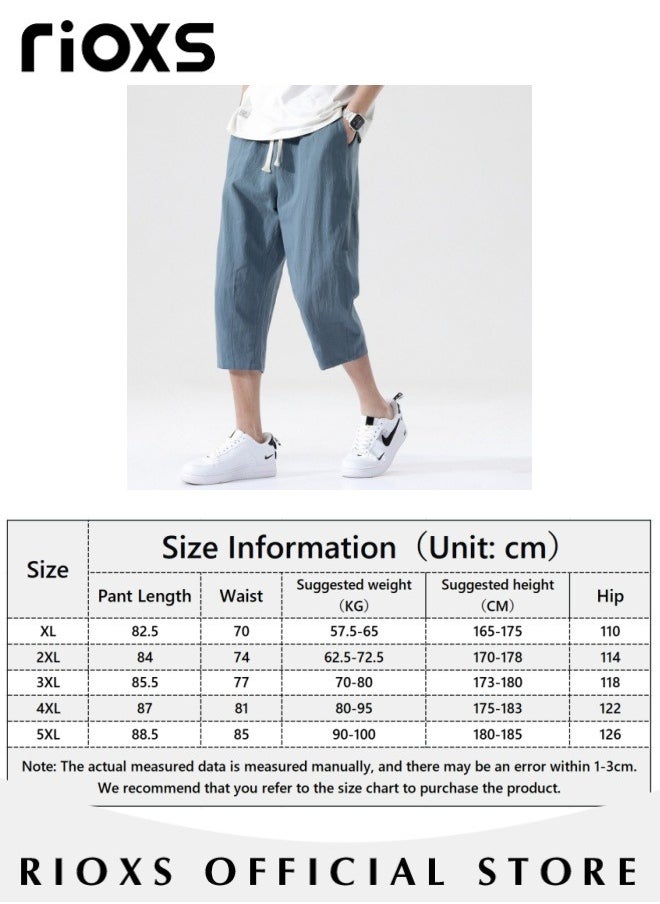 RIOXS - Fashionable men's cropped pants, Summer Loose Casual Shorts, Below Knee Pocketed 3/4 Drawstring Elastic Waist Capri Pants with Side Pockets - Image 1