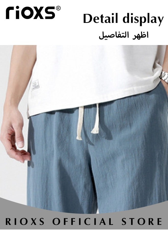 RIOXS - Fashionable men's cropped pants, Summer Loose Casual Shorts, Below Knee Pocketed 3/4 Drawstring Elastic Waist Capri Pants with Side Pockets - Image 1
