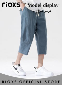 RIOXS Fashionable men's cropped pants, Summer Loose Casual Shorts, Below Knee Pocketed 3/4 Drawstring Elastic Waist Capri Pants with Side Pockets  - Image 2