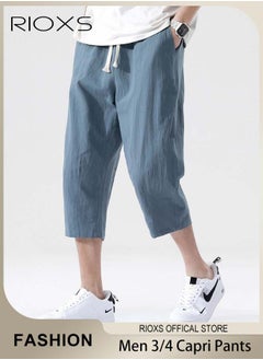 RIOXS Fashionable men's cropped pants, Summer Loose Casual Shorts, Below Knee Pocketed 3/4 Drawstring Elastic Waist Capri Pants with Side Pockets  - Image 1