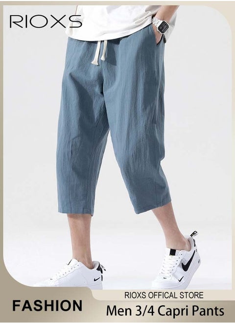 Fashionable men's cropped pants, Summer Loose Casual Shorts, Below Knee Pocketed 3/4 Drawstring Elastic Waist Capri Pants with Side Pockets