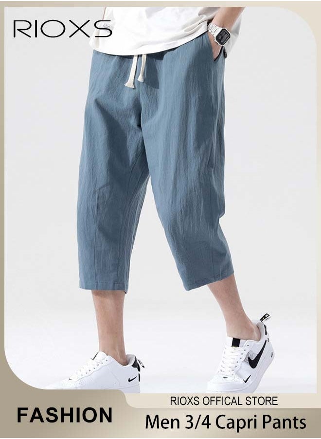 RIOXS - Fashionable men's cropped pants, Summer Loose Casual Shorts, Below Knee Pocketed 3/4 Drawstring Elastic Waist Capri Pants with Side Pockets - Image 1