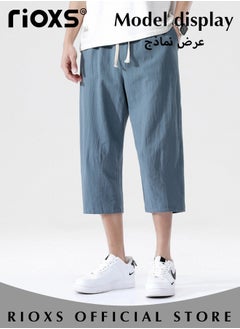 RIOXS Fashionable men's cropped pants, Summer Loose Casual Shorts, Below Knee Pocketed 3/4 Drawstring Elastic Waist Capri Pants with Side Pockets  - Image 3
