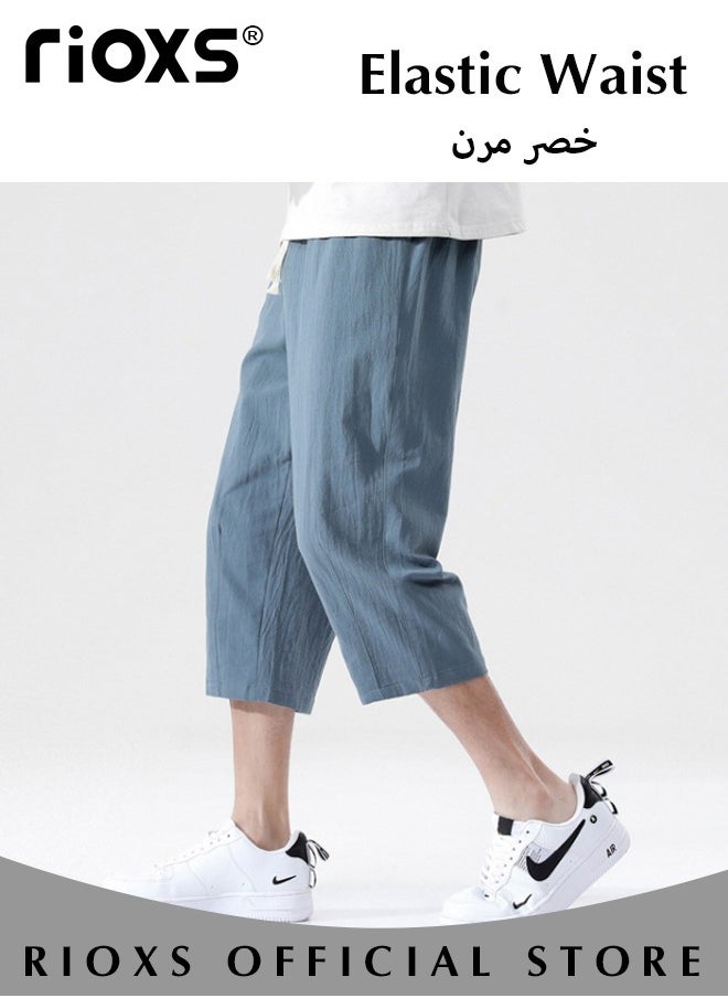 RIOXS - Fashionable men's cropped pants, Summer Loose Casual Shorts, Below Knee Pocketed 3/4 Drawstring Elastic Waist Capri Pants with Side Pockets - Image 1