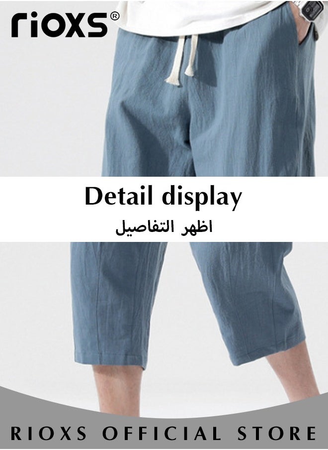 RIOXS - Fashionable men's cropped pants, Summer Loose Casual Shorts, Below Knee Pocketed 3/4 Drawstring Elastic Waist Capri Pants with Side Pockets - Image 1