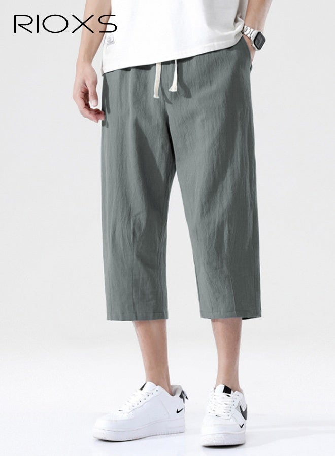 ريوكس بنطلونات قصيرة عصرية للرجال، شورتات صيفية فضفاضة غير رسمية، بنطلونات كابري بطول 3/4 مع جيوب جانبية ورباط خصر مطاطي تحت الركبة، شورتات غير رسمية بخصر متوسط، بنطلونات مقاومة للعرق وسريعة الجفاف، بنطلونات رياضية قابلة للتمدد - Image 3