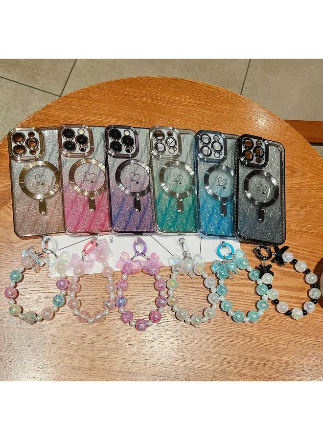 S-TOP Case For iPhone 14 Plus Loves Leaves Gradient Glitter Bracelets Carbon Fiber Magsafe TPU Phone Case - Image 3