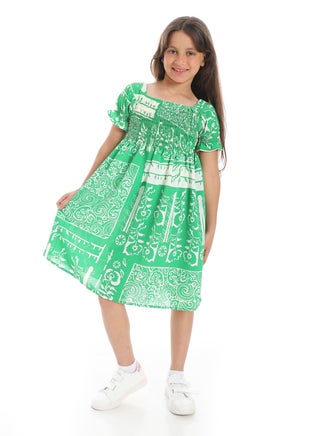 Puff Sleeves Slip On Girls Dress _ Green & White