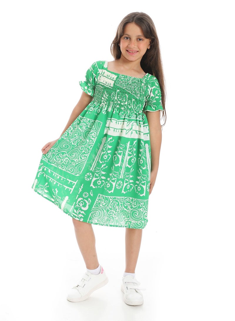 Andora Puff Sleeves Slip On Girls Dress _ Green & White - Image 1