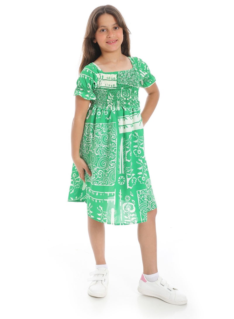Andora Puff Sleeves Slip On Girls Dress _ Green & White - Image 3