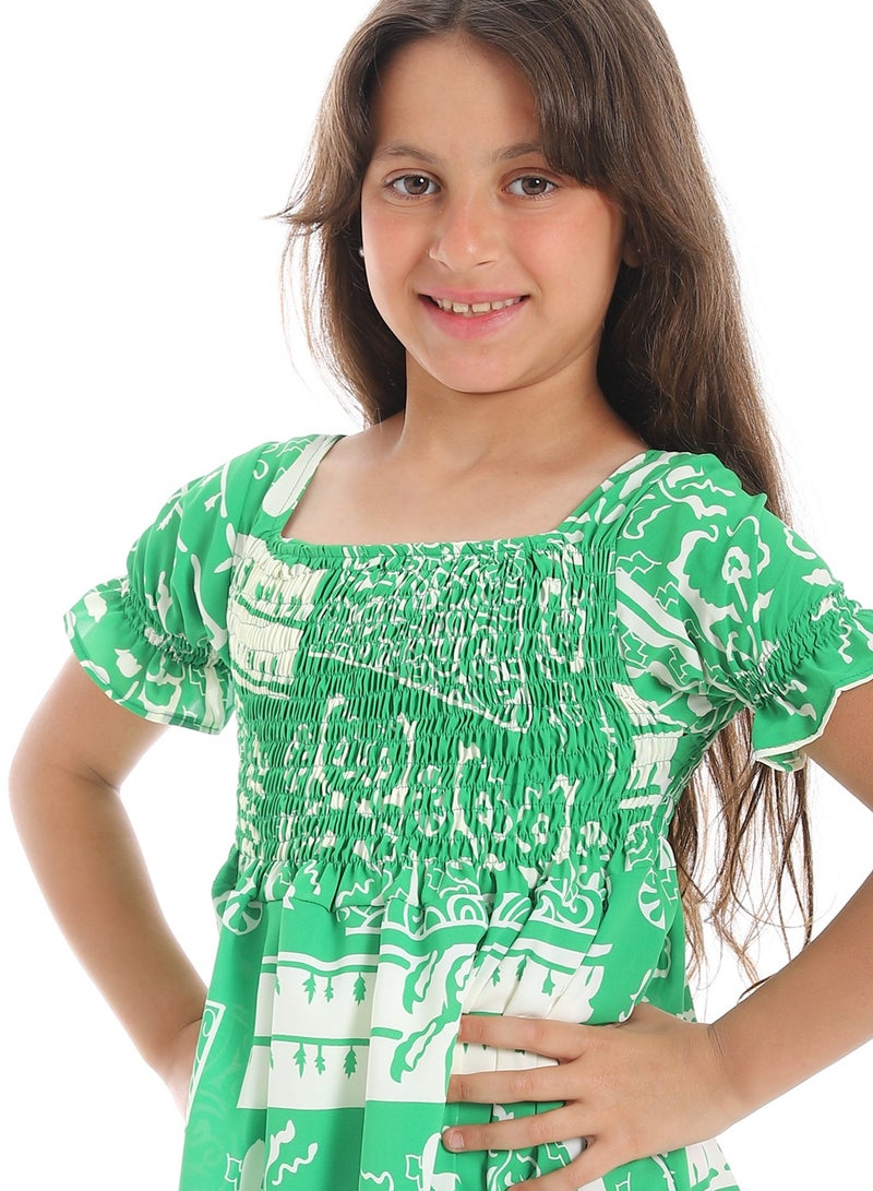 Andora Puff Sleeves Slip On Girls Dress _ Green & White - Image 5