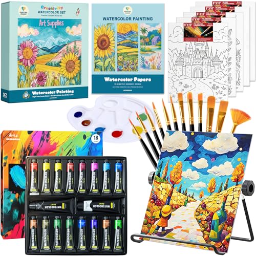 AOTEMOON Watercolor Paint Set with 18 Vivid Jumbo Tubes (24ml&50ml), Complete Art Supplies with Guided Canvas Panels, Table Easel, Watercolor Papers, Brushes, Paint Kit for Students Beginners Young Artists - Image 1