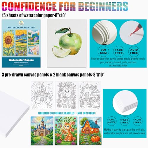 AOTEMOON Watercolor Paint Set with 18 Vivid Jumbo Tubes (24ml&50ml), Complete Art Supplies with Guided Canvas Panels, Table Easel, Watercolor Papers, Brushes, Paint Kit for Students Beginners Young Artists - Image 4