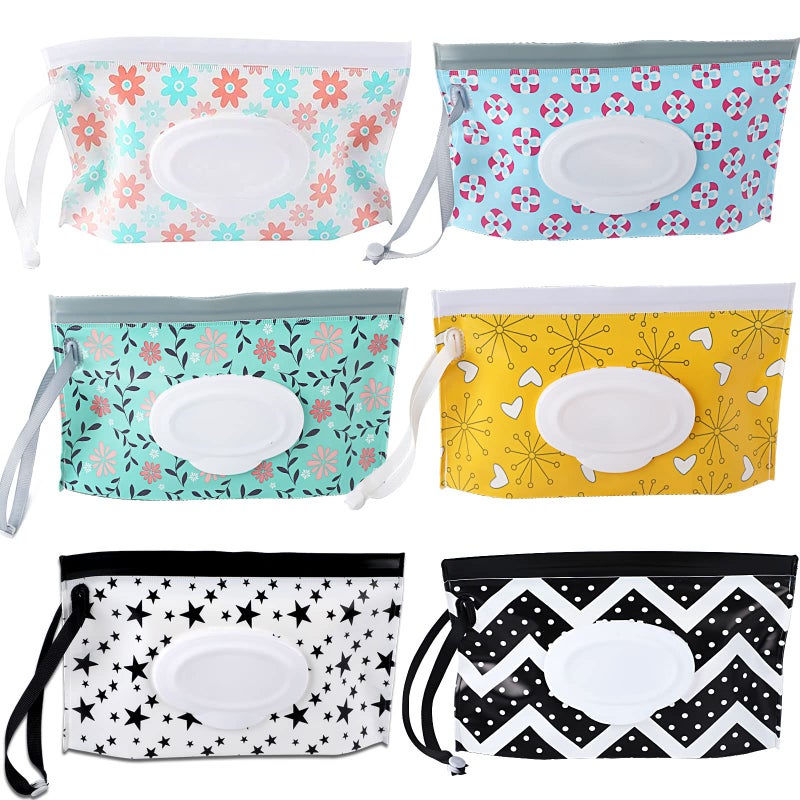FEBSNOW FEBSNOW 6 Pack Baby Wipes Dispenser Portable Refillable Wipe Holder Baby Wipes Container Reusable Wipes Case Baby Travel Wet Wipes Pouch 